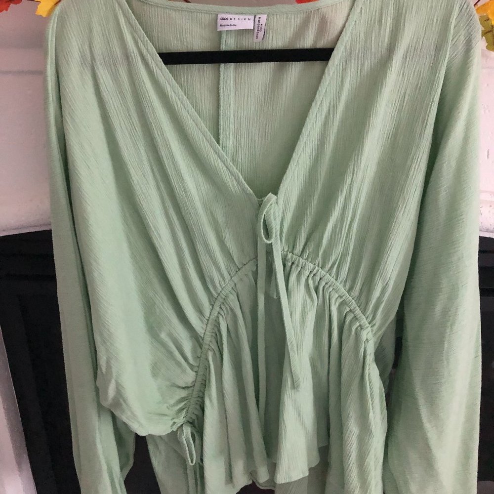 ASOS DESIGN Curve natural crinkle top with side ties in sage